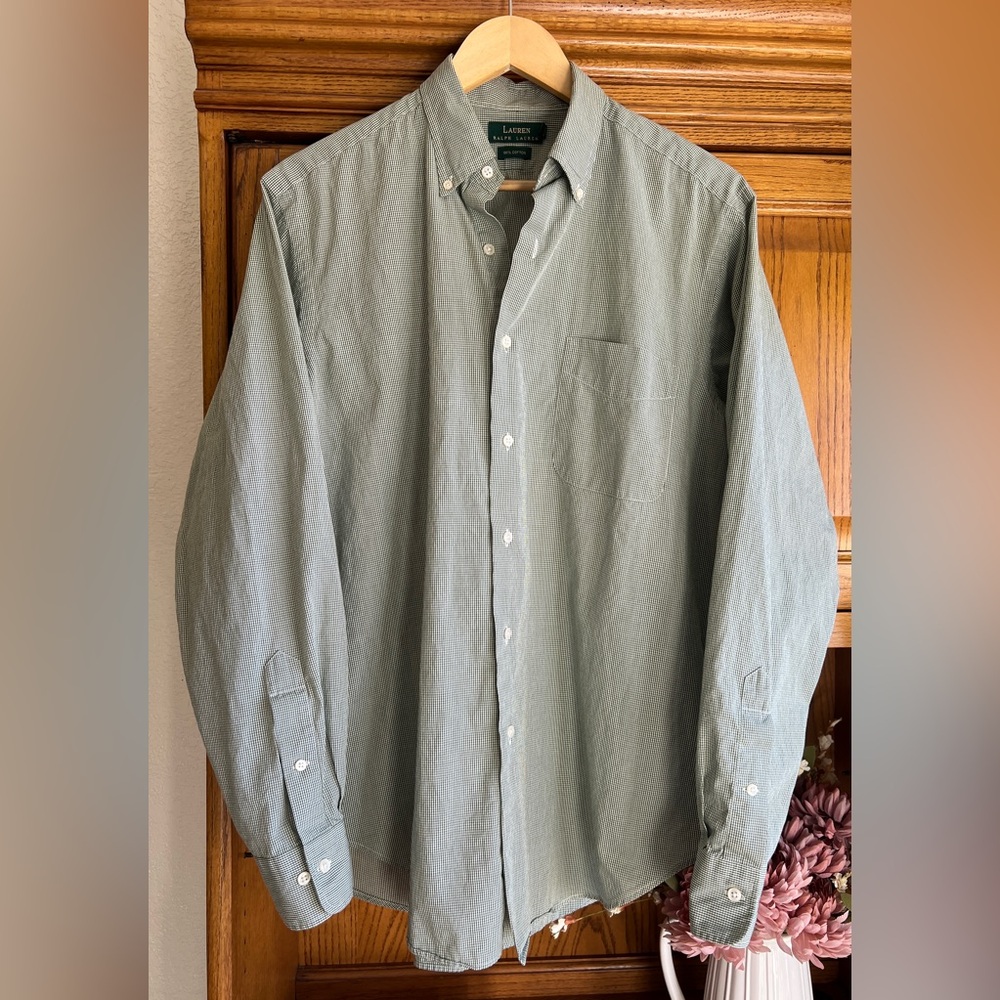 Ralph Lauren Men's Green Checkered Button-Down Shirt 100% Cotton